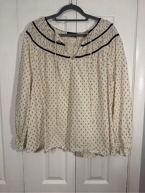 Lane Bryant Ruffle Tie Neck Peasant Blouse Size 20 Ivory Black